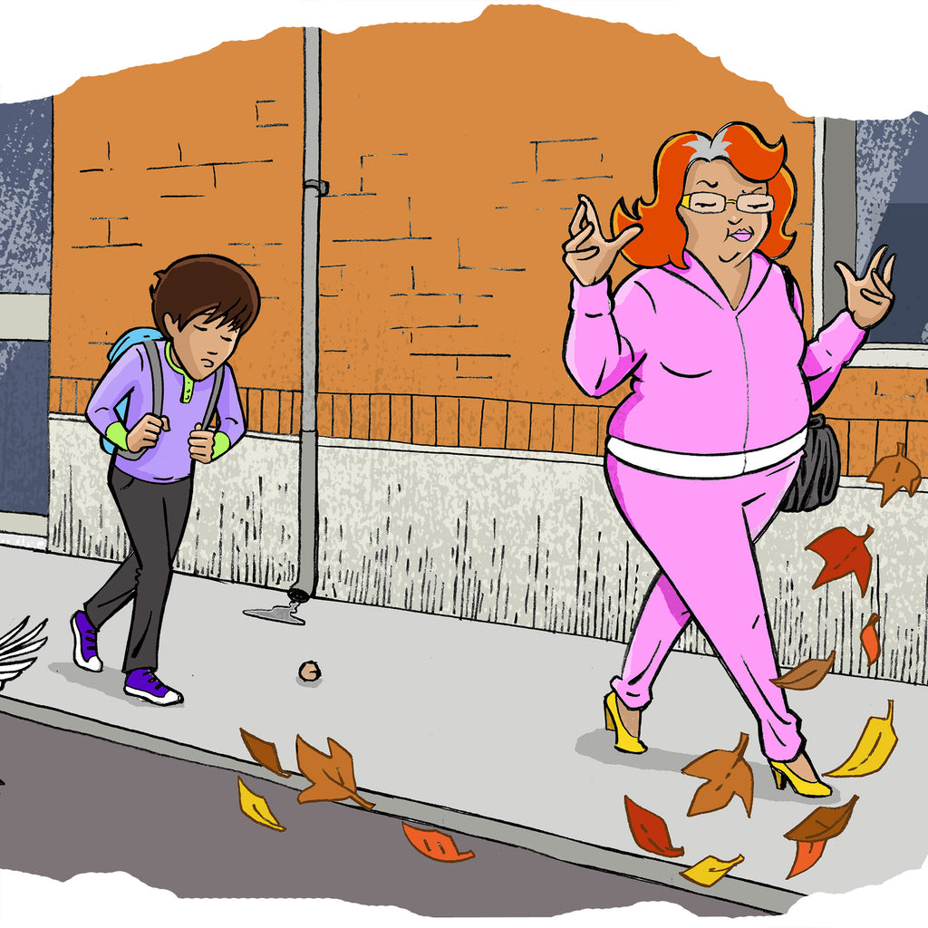 Illustration av en rosaklädd vuxen och ett barn som går på trottoaren i Pardis Moradi är här! - Lättläst 6-9 år - OLIKA förlag - Författare: Ebba Berg Illustratör: Carl Flint