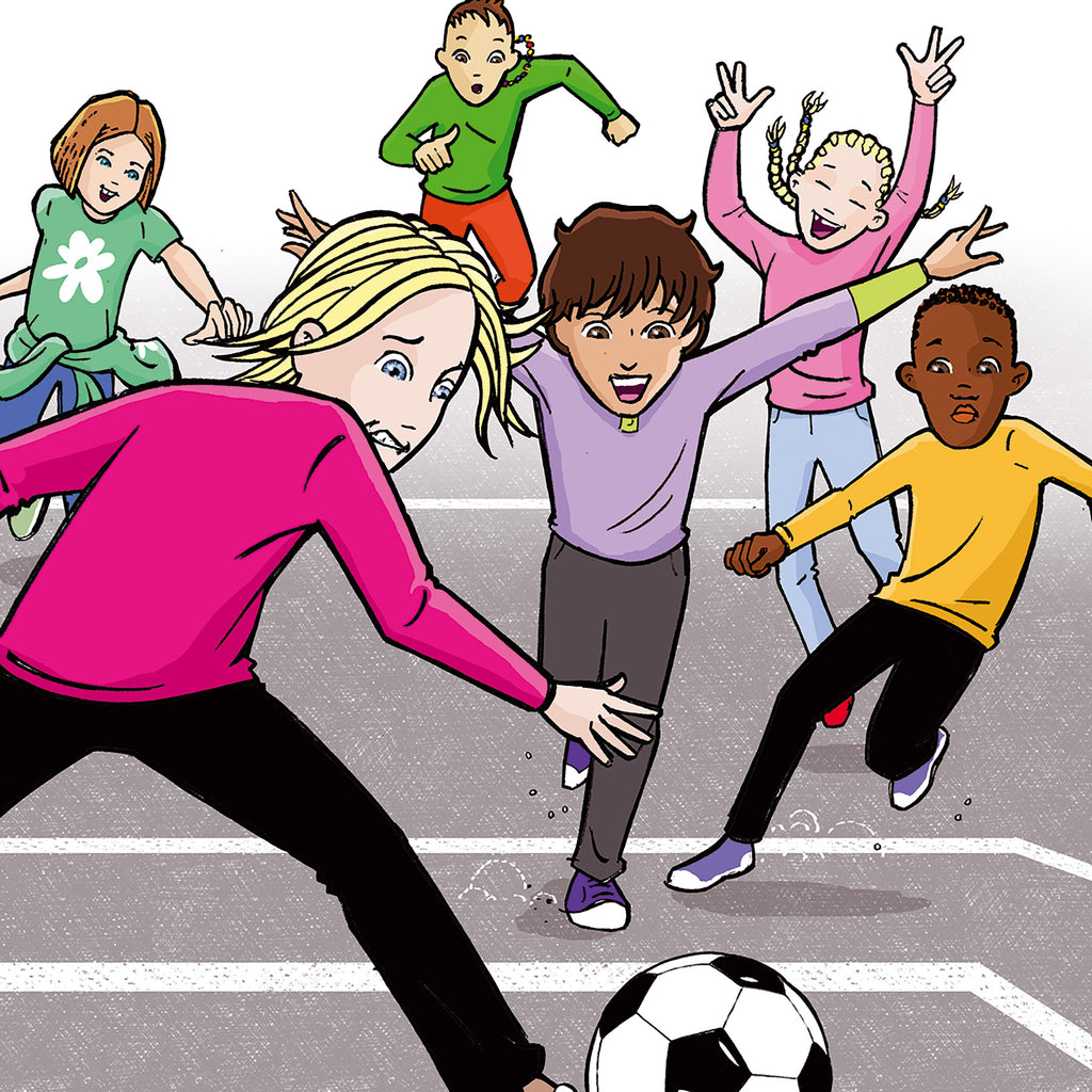 Illustration av en skolklass som spelar fotboll i Pardis Moradi är här! - Lättläst 6-9 år - OLIKA förlag - Författare: Ebba Berg Illustratör: Carl Flint