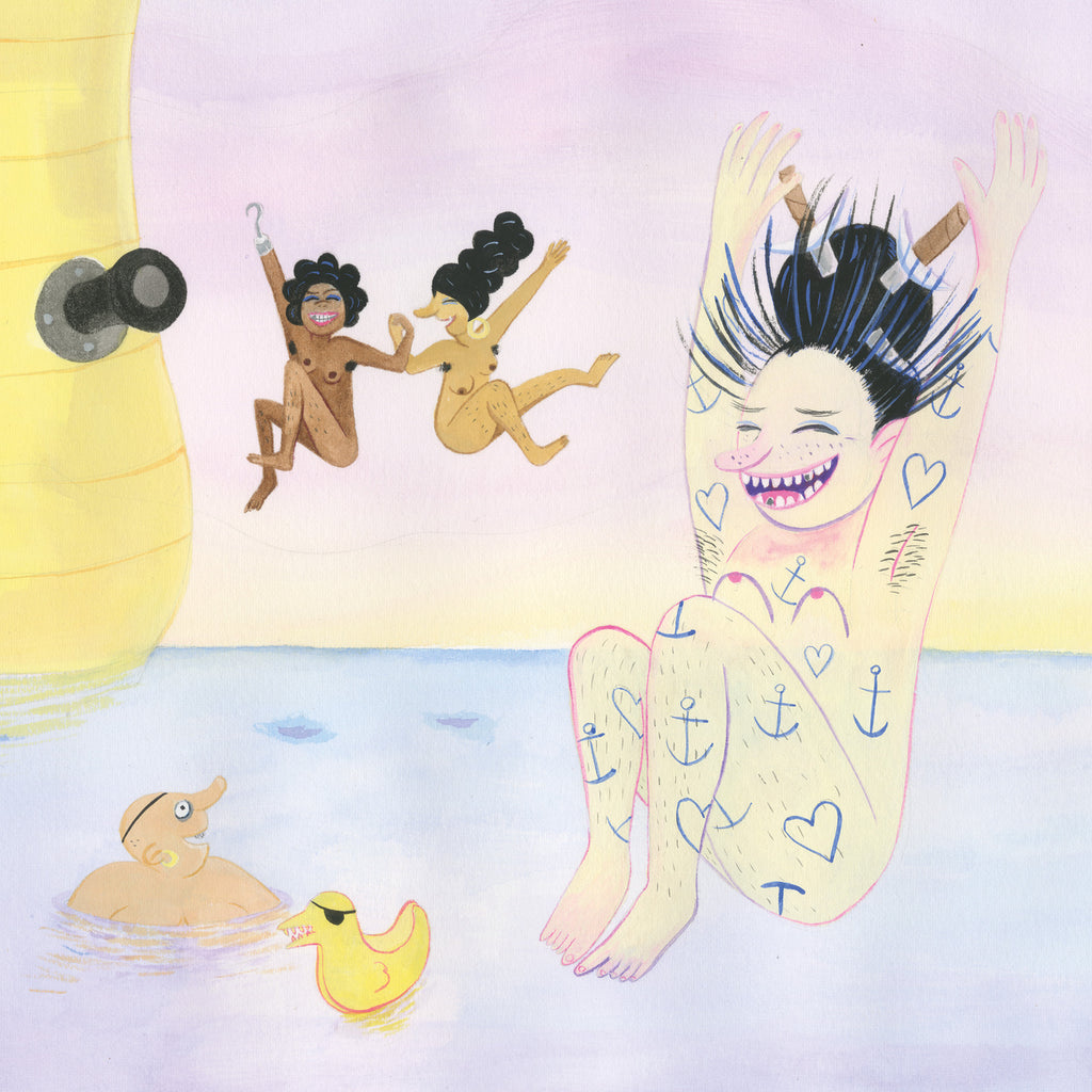 Illustration av några glada pirater som badar nakna - Piraterna - Bilderbok 3-6 år - OLIKA förlag - Författare: Karin Frimodig och Sara Berg - Illustratör: Maria Poll