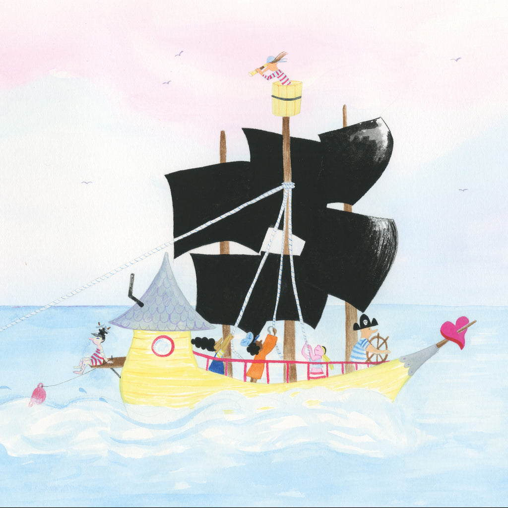 Illustration av ett piratskepp från Piraterna & förtrollningen - Bilderbok 3-6 år - OLIKA förlag - Författare: Karin Frimodig och Sara Berg - Illustratör: Maria Poll