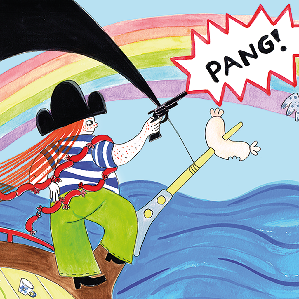 Illustration av en kvinnlig pirat i boken Piraterna & regnbågsskatten - Bilderbok 3-6 år - OLIKA förlag - Författare: Karin Frimodig och Sara Berg - Illustratör: Maria Poll