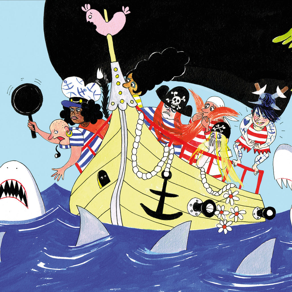 Illustration av en stor haj och en grupp kvinnliga pirater i boken Piraterna & regnbågsskatten - Bilderbok 3-6 år - OLIKA förlag - Författare: Karin Frimodig och Sara Berg - Illustratör: Maria Poll
