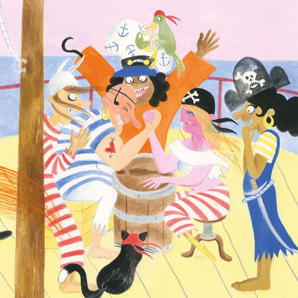 Illustration av kvinnliga pirater som kör armbrytning mot varandra i Piraterna & spökvraket - Bilderbok 3-6 år - OLIKA förlag - Författare: Karin Frimodig och Sara Berg - Illustratör: Maria Poll