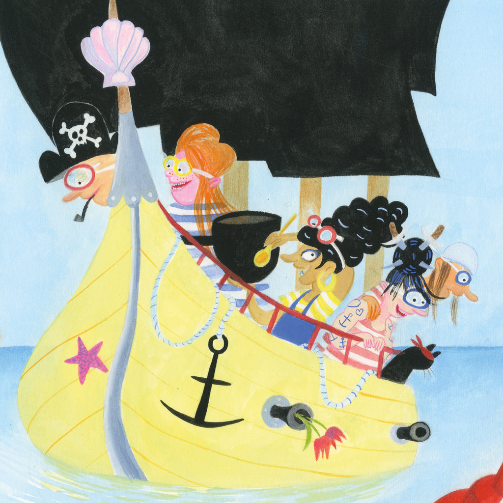 Illustrerade kvinnliga pirater på en båt i Piraterna & spökvraket - Bilderbok 3-6 år - OLIKA förlag - Författare: Karin Frimodig och Sara Berg - Illustratör: Maria Poll