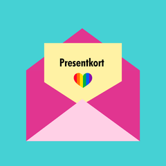 Illustration av ett kuvert med ett kort där det står Presentkort och med ett regnbågshjärta mitt på, bakgrunden är blå
