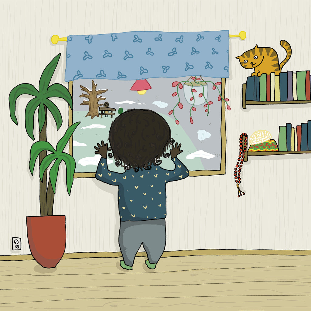 Illustration av ett barn som tittar ut genom ett fönster i boken Prinsessan Victoria - Bilderbok 3-6 år - OLIKA förlag - Författare: Kristina Murray Brodin - Illustratör: Kajsa Lind