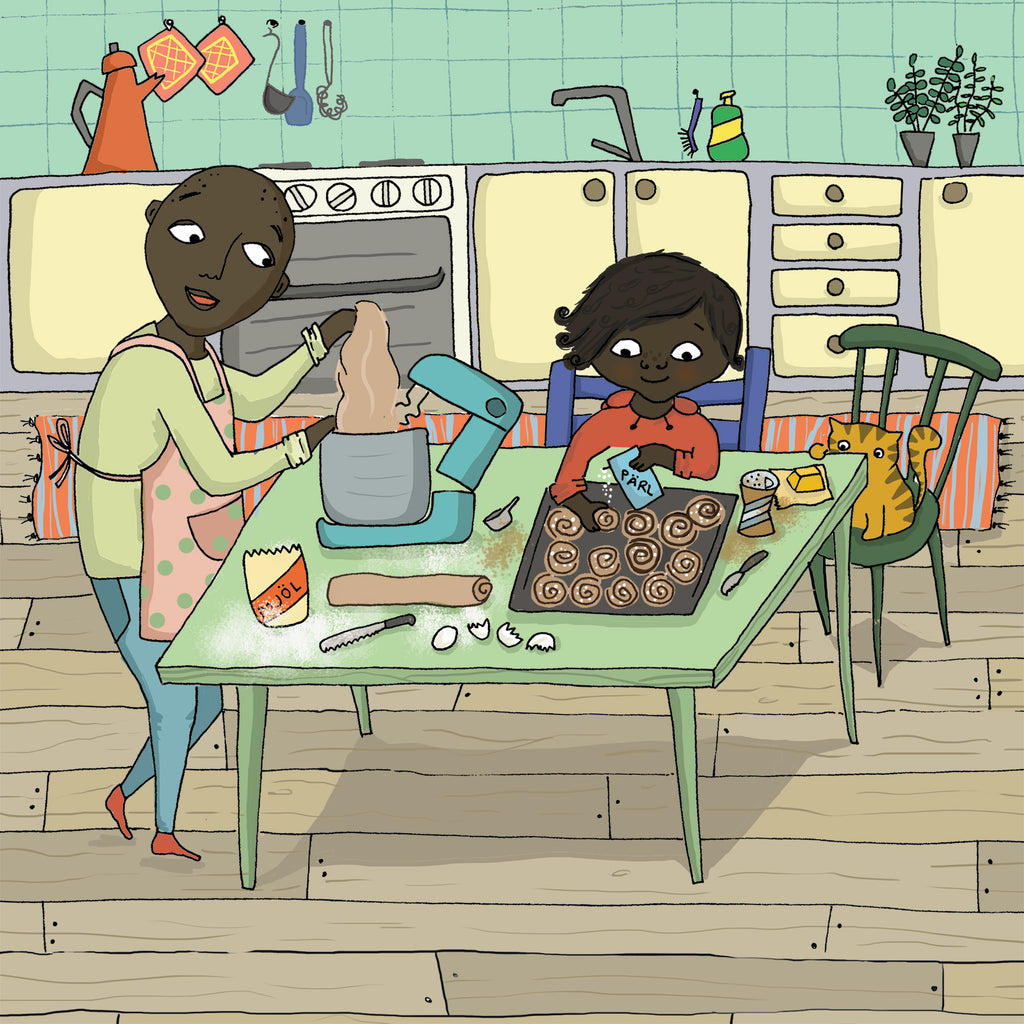 Illustration av en förälder och ett barn som lagar bullar tillsammans i ett kök i boken Prinsessan Victoria - Bilderbok 3-6 år - OLIKA förlag - Författare: Kristina Murray Brodin - Illustratör: Kajsa Lind