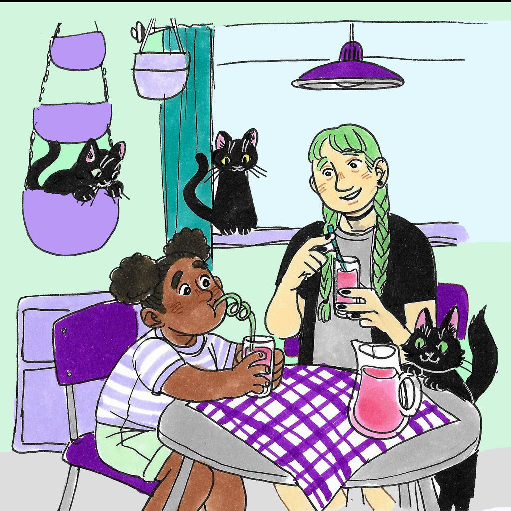 En illustration av ett kök med tre katter och två personer i Hokus pokus: Puts väck - Lättläst 6-9 år - OLIKA förlag - Författare: Karin Frimodig och Sara Berg - Illustratör: Hanna Böhm