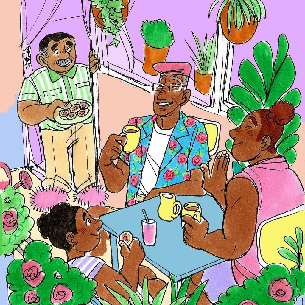 En illustration av en familj som fikar på en blommig balkong i boken Hokus pokus: Puts väck - Lättläst 6-9 år - OLIKA förlag - Författare: Karin Frimodig och Sara Berg - Illustratör: Hanna Böhm