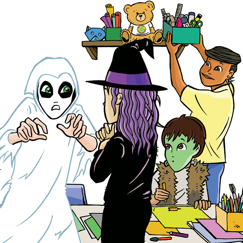 En illustration föreställande halloween-uppklädda karaktärer i boken Är du rädd Simon Nordin? - Barnen i Lyckeskolan - Lättläst 6-9 år - OLIKA förlag - Författare: Ebba Berg - Illustratör: Carl Flint