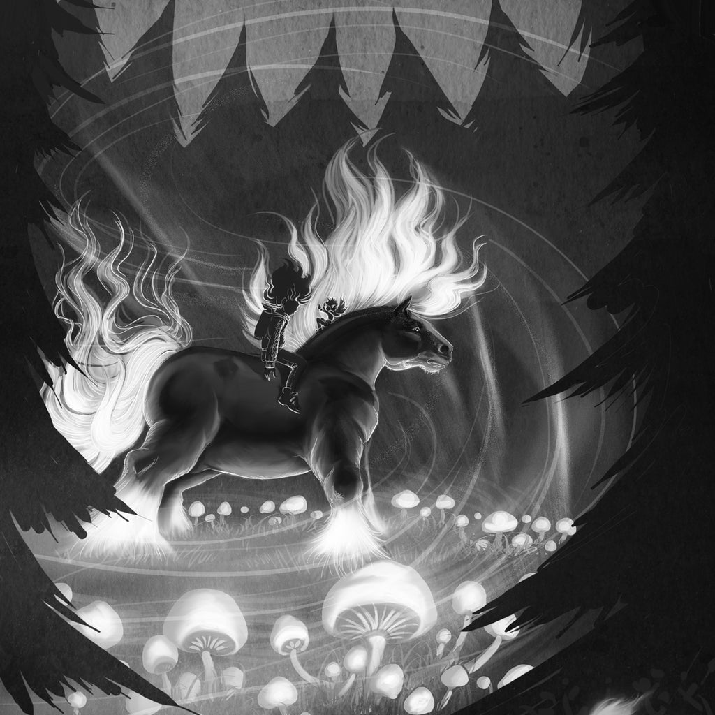 Svartvit illustration av en häst i boken Uppdrag: Skrämmarna - Kapitelbok 6-9 år - OLIKA förlag - Författare: Cecilia Rihs - Illustratör: Silvy Strand