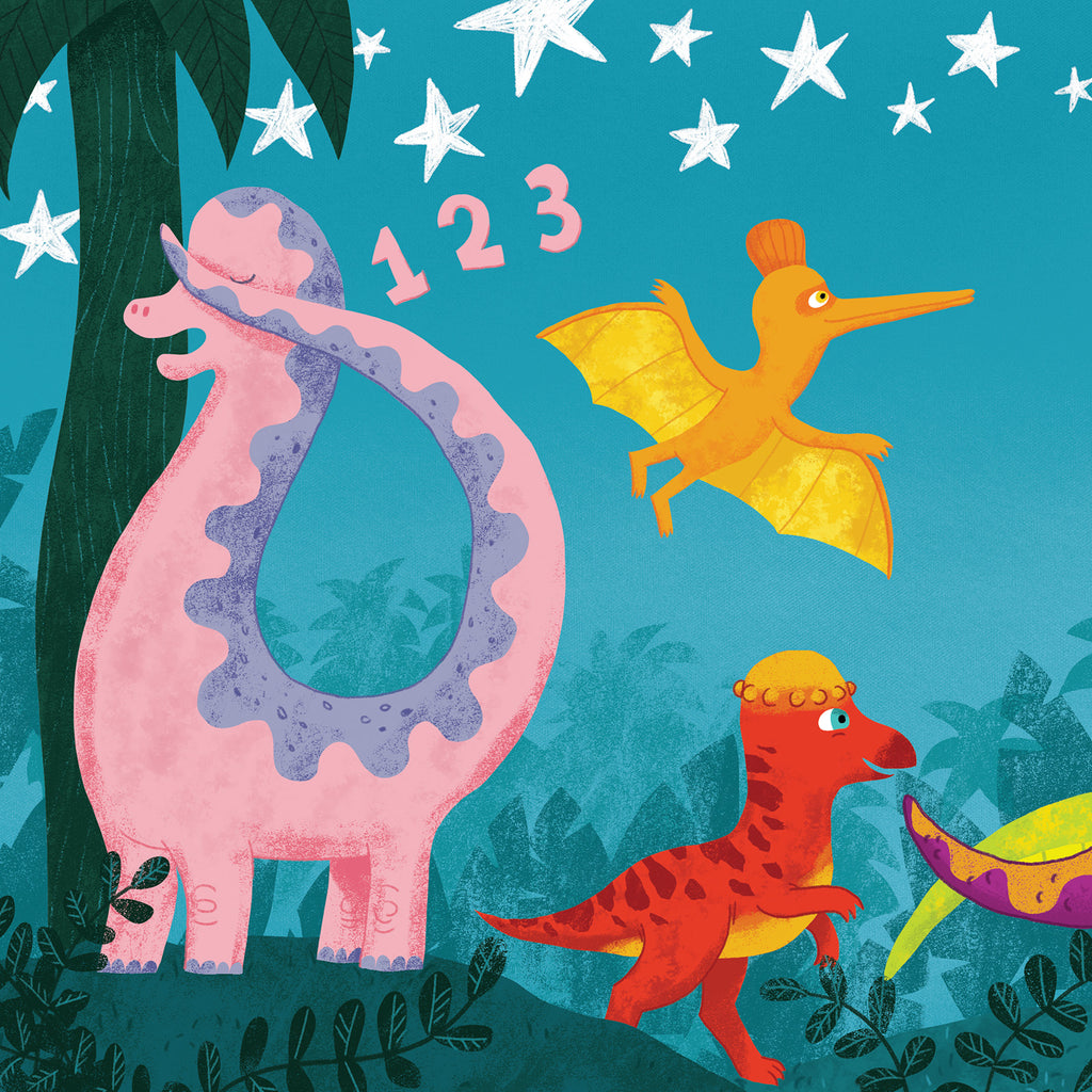 Illustration av tre dinosaurier i Stjärnfall i dinosaurieland - Bilderbok 3-6 år - OLIKA förlag - Författare: Karin Frimodig och Sara Berg - Illustratör: Sanna Borell