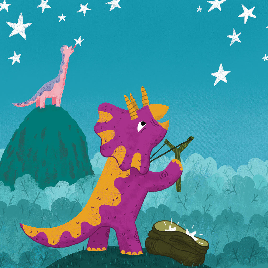 Illustration av två dinosaurier och en stjärnhimmel i Stjärnfall i dinosaurieland - Bilderbok 3-6 år - OLIKA förlag - Författare: Karin Frimodig och Sara Berg - Illustratör: Sanna Borell