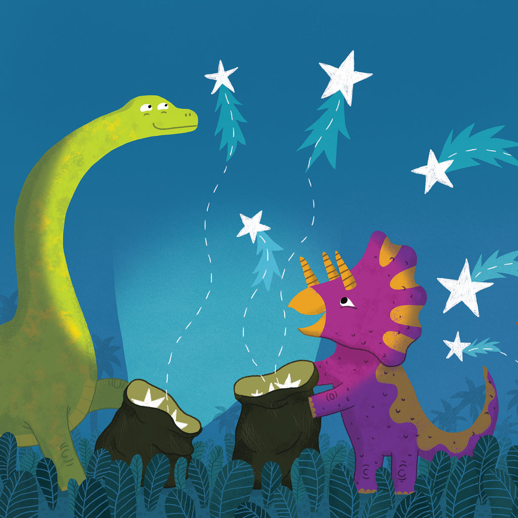 Illustration av två glada dinosaurier i Stjärnfall i dinosaurieland - Bilderbok 3-6 år - OLIKA förlag - Författare: Karin Frimodig och Sara Berg - Illustratör: Sanna Borell