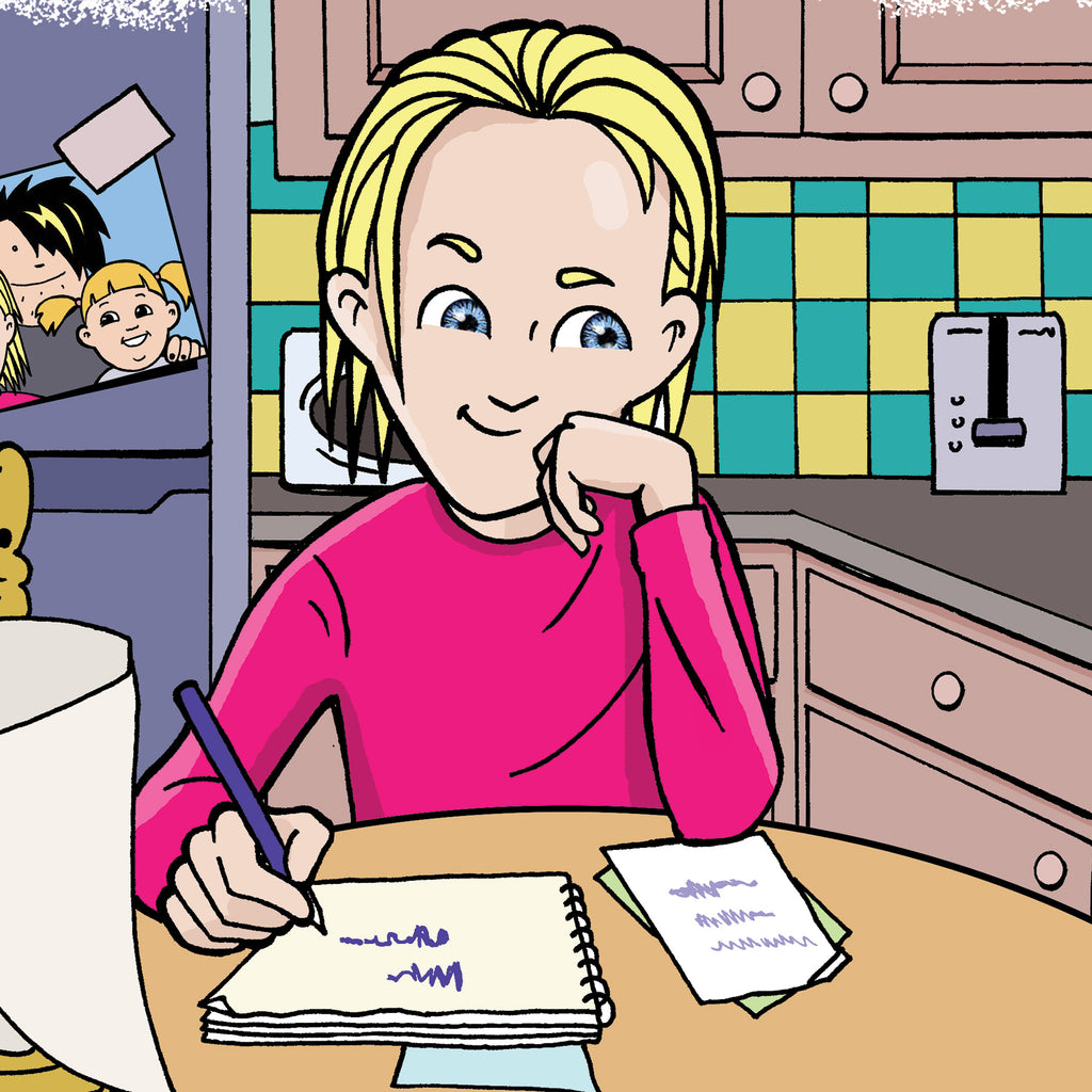 Illustration av ett barn vid matbordet i boken Grattis, Svea Fors! - Barnen i Lyckeskolan - Lättläst 6-9 år - OLIKA förlag - Författare: Ebba Berg Illustratör: Carl Flint