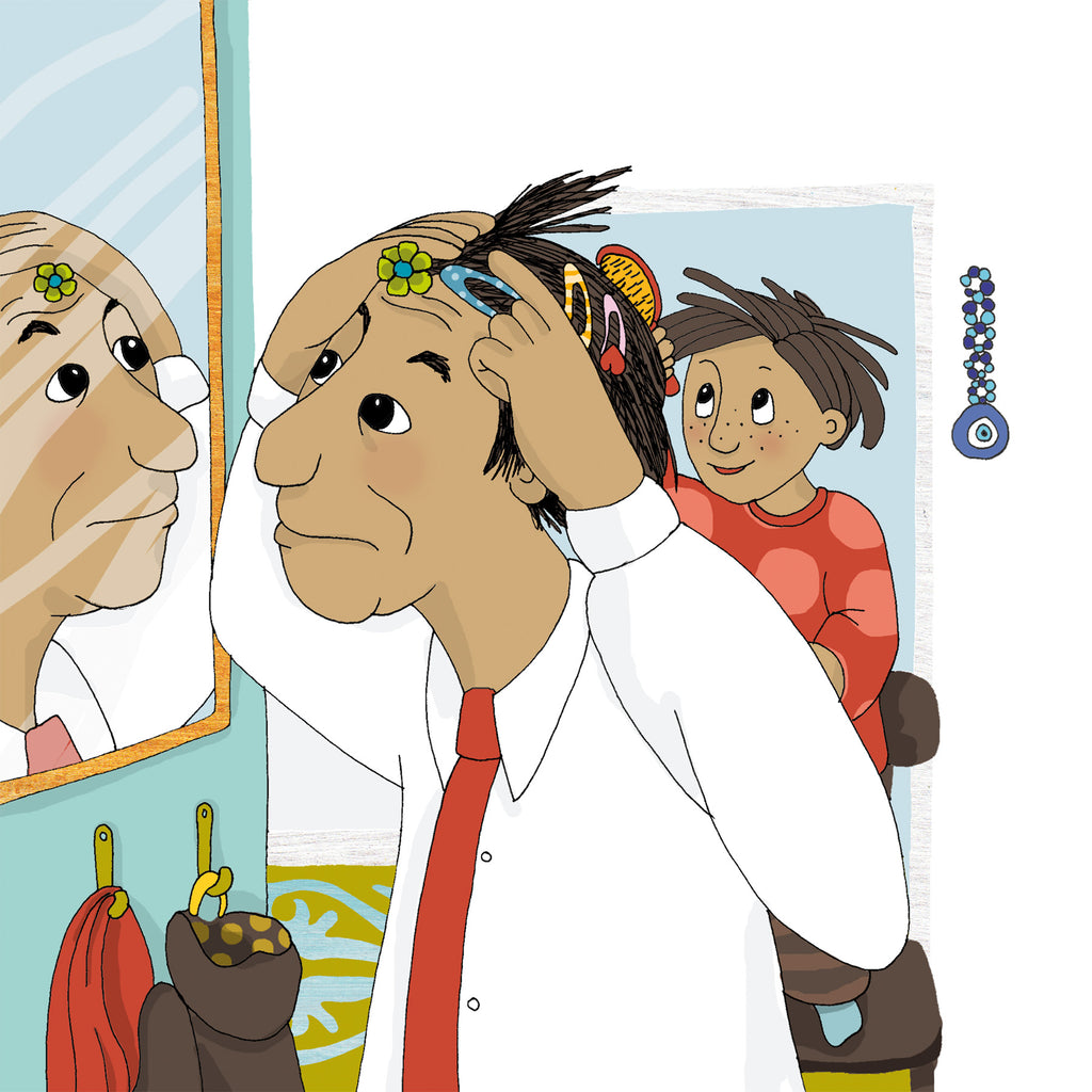 Illustration av ett barn och en far med hårspännen i Tesslas pappa vill inte! - Bilderbok 1-3 år - OLIKA förlag - Författare: Åsa Mendel Hartvig - Illustratör: Caroline Röstlund