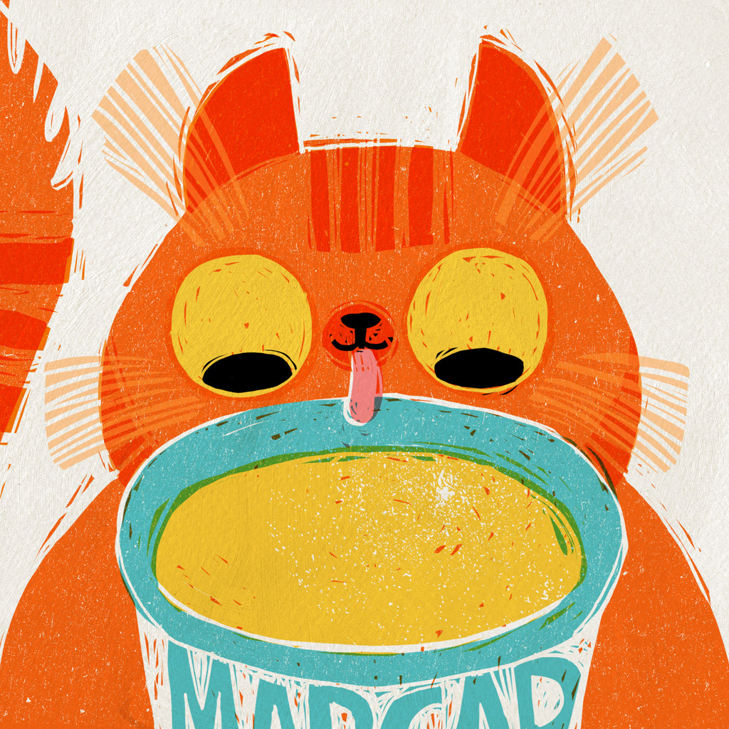 Illustration. En katt äter mat ur en skål. - Tidigt på morgonen - Pekbok 0-2 år - OLIKA förlag - Författare: Lawrence Schimel - Illustratör: Elina Braslina