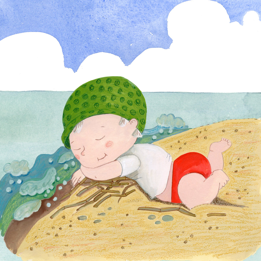 Illustration av ett barn på stranden i Titta havet! - Bilderbok 0-2 år - OLIKA förlag - Författare: Åsa Mendel-Hartvig - Illustratör: Maija Hurme