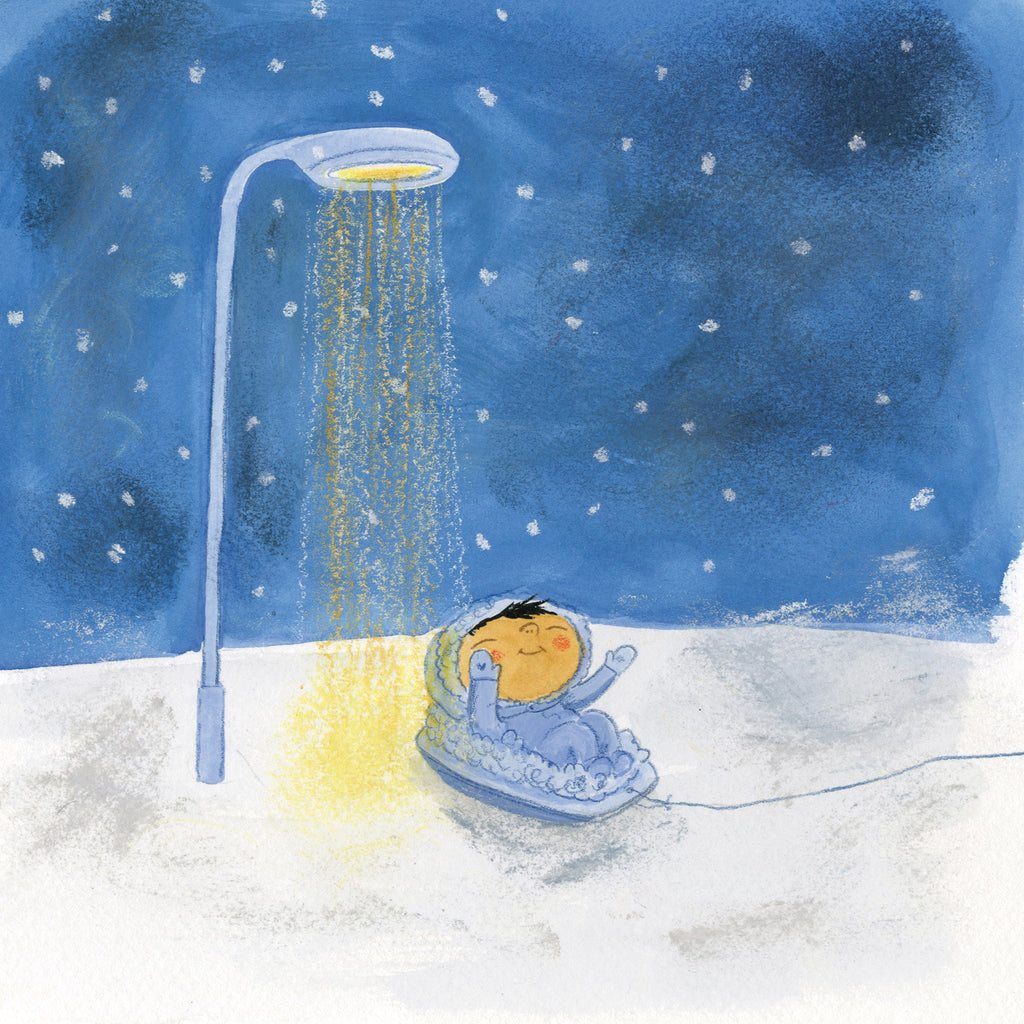 Illustration av ett barn som leker i snön i boken Titta natten! - Bilderbok 0-2 år - OLIKA förlag - Författare: Åsa Mendel-Hartvig - Illustratör: Maija Hurme
