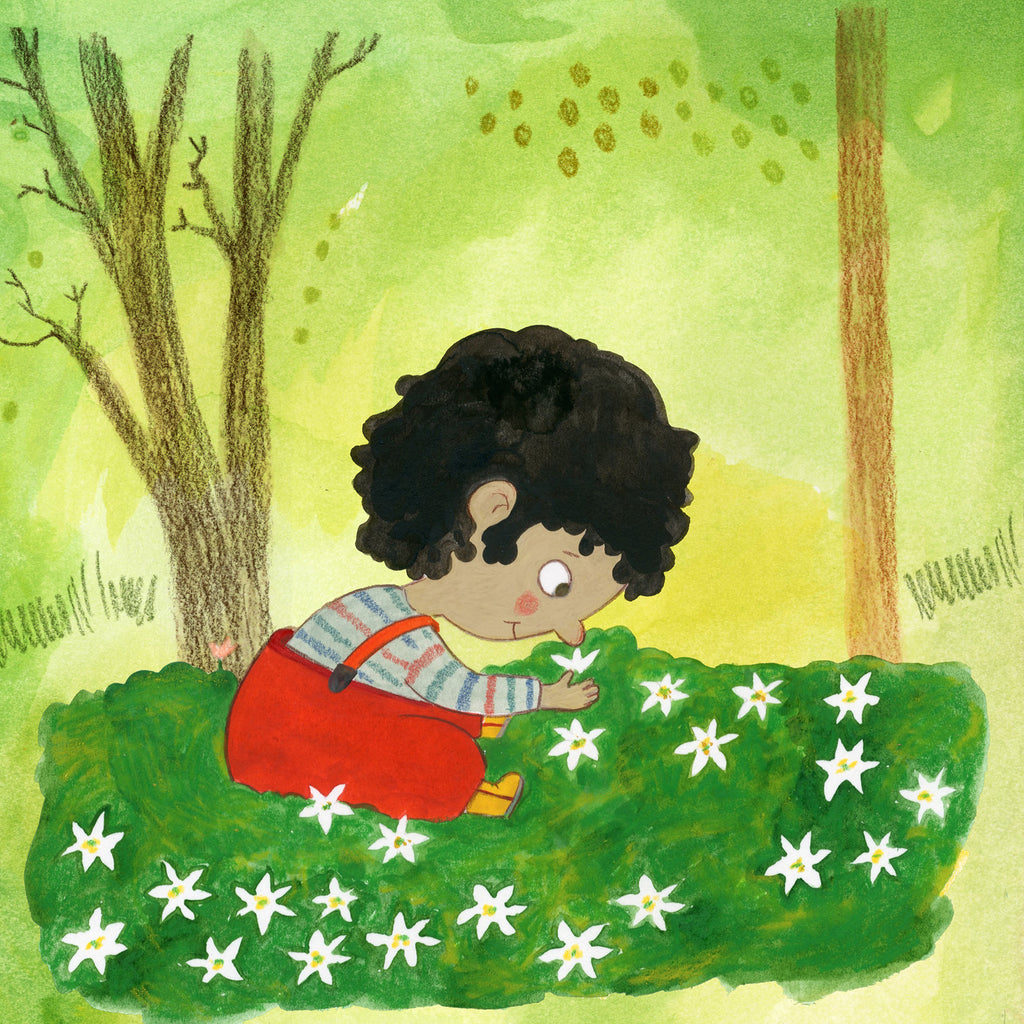 Färgglad illustration av ett barn i röda hängselbyxor i boken Titta skogen! - Bilderbok 0-2 år - OLIKA förlag - Författare: Åsa Mendel-Hartvig - Illustratör: Maija Hurme