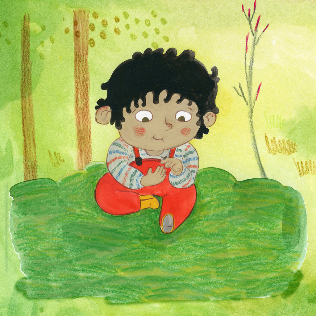 Illustration av ett barn som leker i skogen i Titta skogen! - Bilderbok 0-2 år - OLIKA förlag - Författare: Åsa Mendel-Hartvig - Illustratör: Maija Hurme