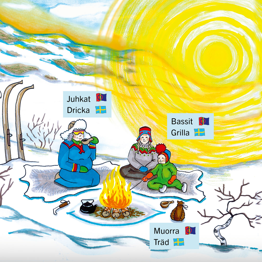 Illustration. Några personer kring en eld ute i snö. - Vår i Sápmi - Pekbok 0-2 år - OLIKA förlag - Författare: Elin Marakatt - Illustratör: Anna-Stina Svonni