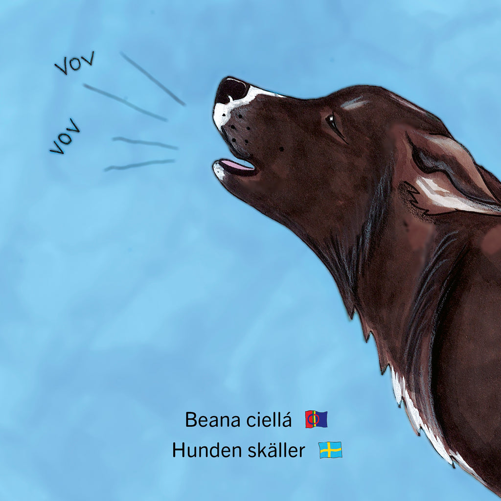 Illustration. En hund skäller - Vår i Sápmi - Pekbok 0-2 år - OLIKA förlag - Författare: Elin Marakatt - Illustratör: Anna-Stina Svonni