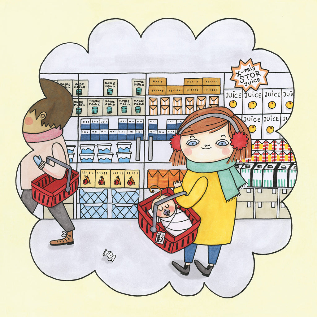 Illustration av en bebis och en förälder i mataffären i Varför finns jag? - Bilderbok 1-3 år - OLIKA förlag - Författare: Karin Salmson - Illustratör: Lina Sandquist