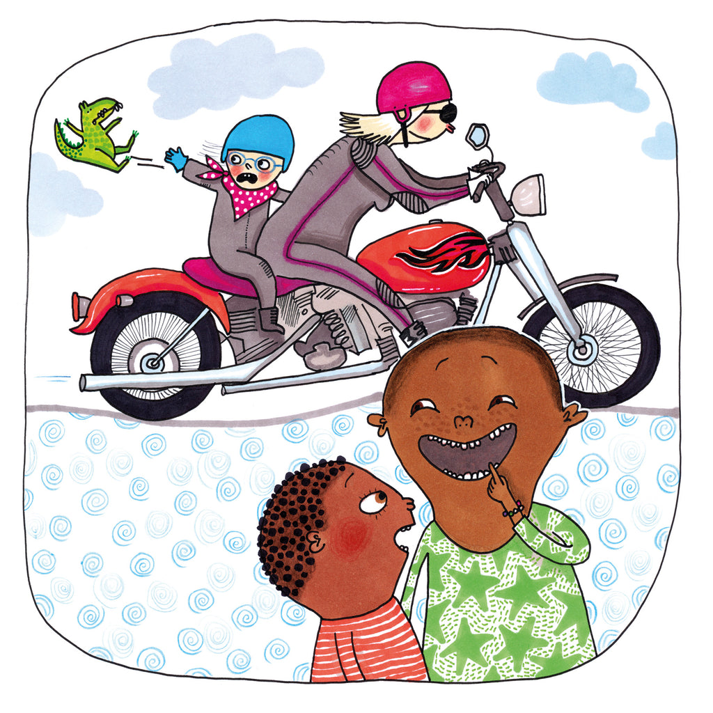 Illustration av en familj och en motorcykel i Varför gråter pappan? - Bilderbok 3-6 år - OLIKA förlag - Författare: Kristina Murray Brodin - Illustratör: Bettina Johansson