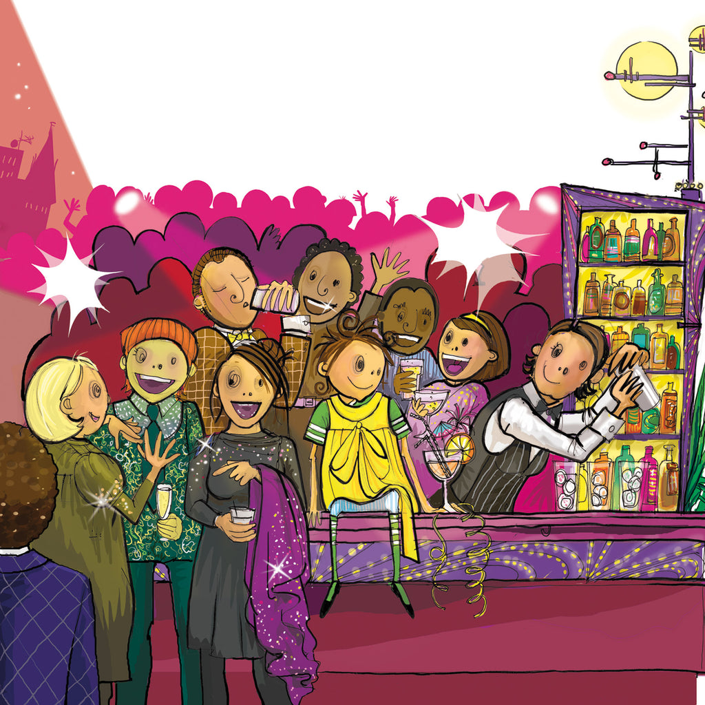 Illustration av en fest i Värsta prutten, Lolly! - Bilderbok 3-6 år - OLIKA förlag - Författare: Åsa Karsin - Illustratör: Frida Arvidsson