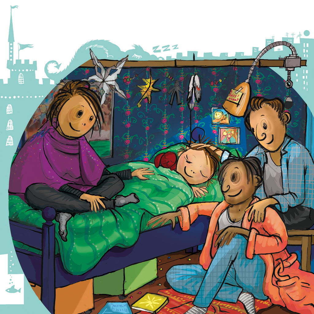 Illustration av en familj i sovrummet i Värsta prutten, Lolly! - Bilderbok 3-6 år - OLIKA förlag - Författare: Åsa Karsin - Illustratör: Frida Arvidsson
