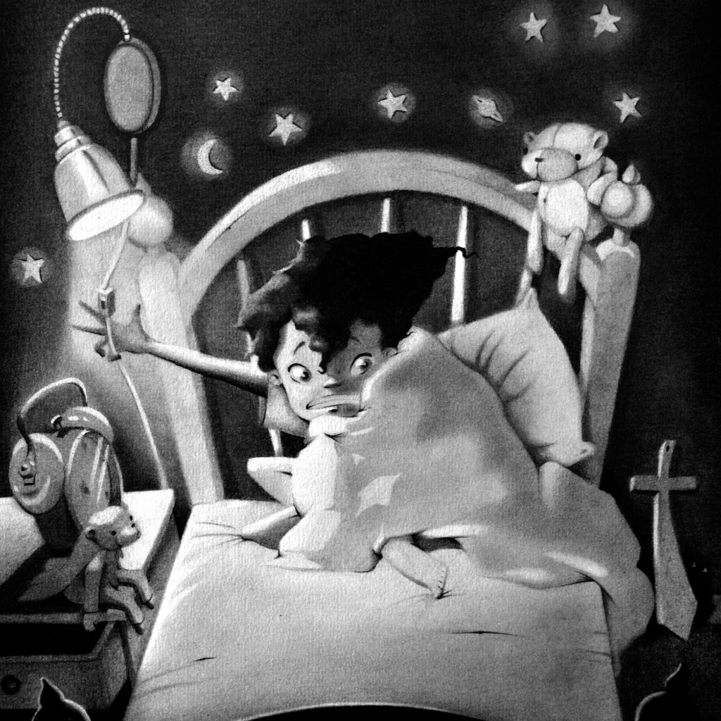 Svartvit illustration av ett barn i sitt sovrum på natten i boken Uppdrag: Vattenhäxan - Kapitelbok 6-9 år - OLIKA förlag - Författare: Cecilia Rihs Illustratör: Jenny Lindqvist