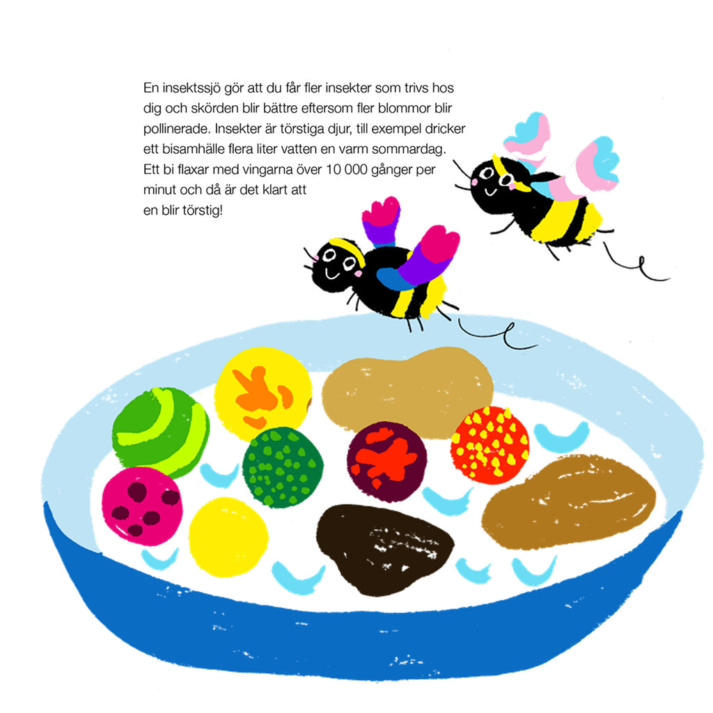 Illustration av en insektssjö i Växter älskar bajs - Bilderbok 3-6 år - OLIKA förlag - Författare: Kristina Henkel - Illustratör: Linda Blåfors Carlsson
