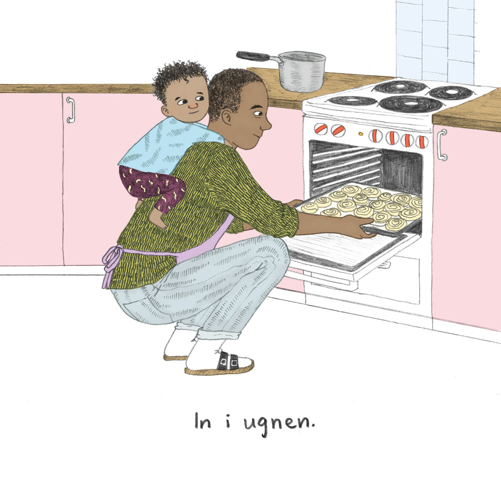 Illustration av ett barn och en förälder som sätter in bullar i ugnen tillsammans i Vi bakar bullar - Bilderbok 1-3 år - OLIKA förlag - Författare: Sarah Vegna - Illustratör: Astrid Tolke
