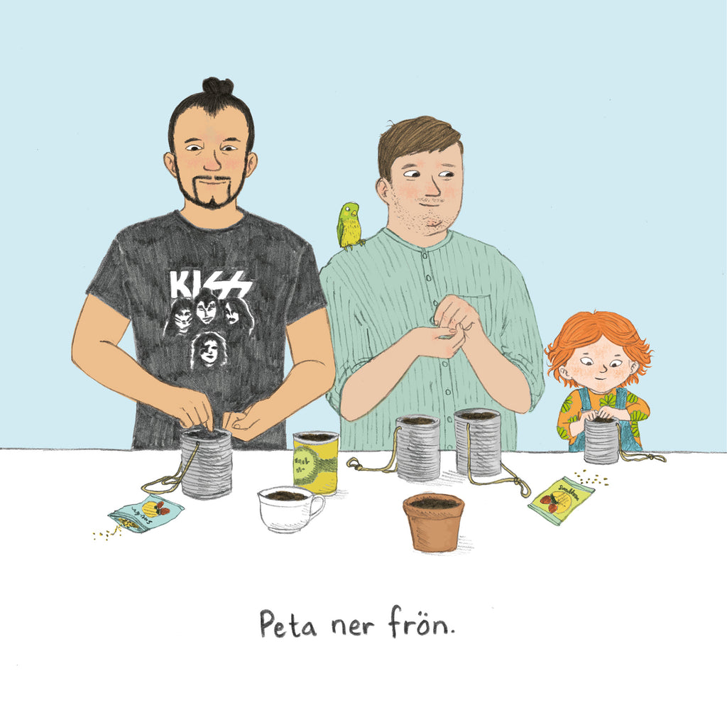 Illustration av en familj som odlar tillsammans i Vi odlar smultron - Bilderbok 1-3 år - OLIKA förlag - Författare: Sarah Vegna - Illustratör: Astrid Tolke