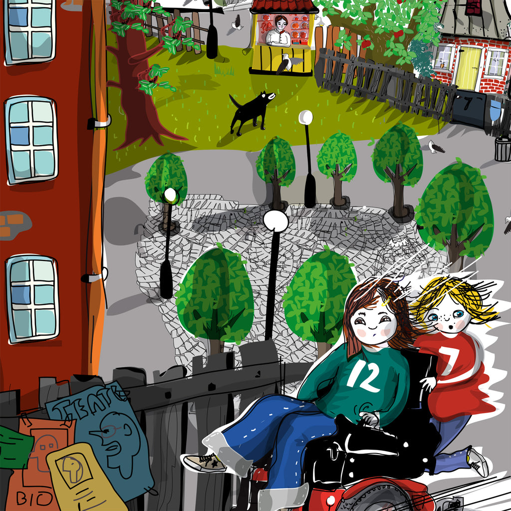 Illustration av två barn som åker fram på en elektronisk rullstol i Samling: Modigt med Vilma & Loppan - 6-9 år - OLIKA förlag - Författare: Anneli Khayati - Illustratör: Mikael Sjömilla