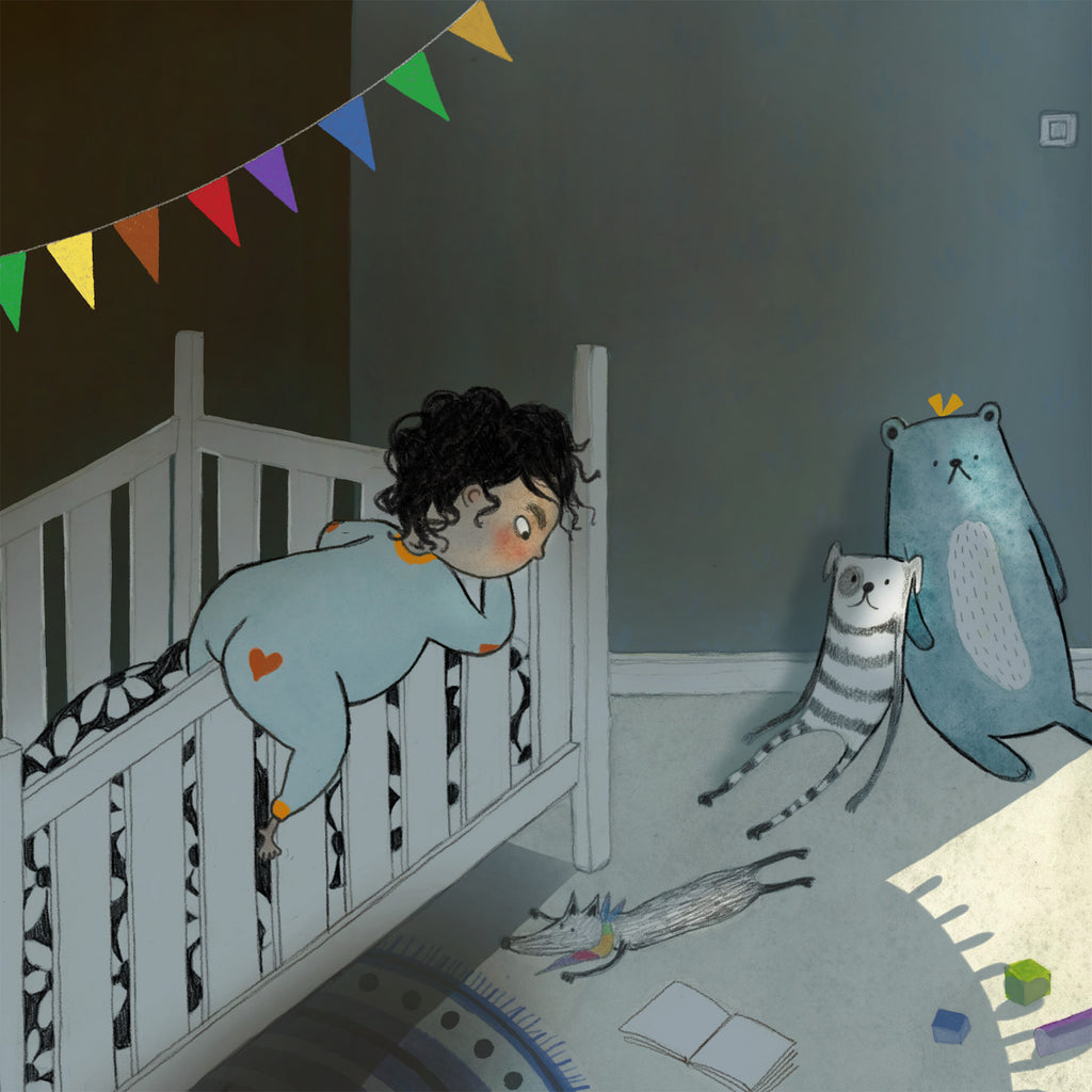 Illustration av ett barn som klättrar ur sin säng i Zozo och kritorna - Bilderbok 1-3 år - OLIKA förlag - Författare: Elina Garp - Illustratör: Moa Graaf