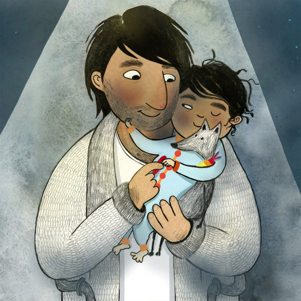 Illustration av en pappa och ett barn på natten i Zozo och kritorna - Bilderbok 1-3 år - OLIKA förlag - Författare: Elina Garp - Illustratör: Moa Graaf