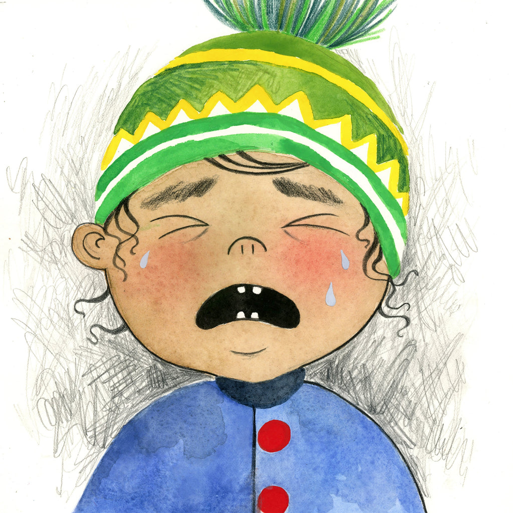 Illustration av ett gråtande barn i Zozo och nallen - Bilderbok 1-3 år - OLIKA förlag - Författare: Elina Garp - Illustratör: Moa Graaf